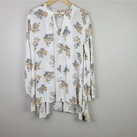 FREE People Tunic Mini Dress White Floral Long Sleeves Pockets Boho XS NWOT - Picture 15 of 15